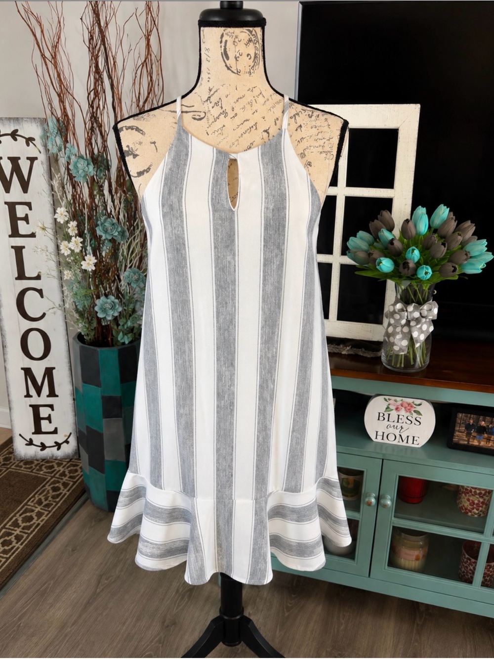 She + Sky White and Gray Striped Midi Dress Size Small